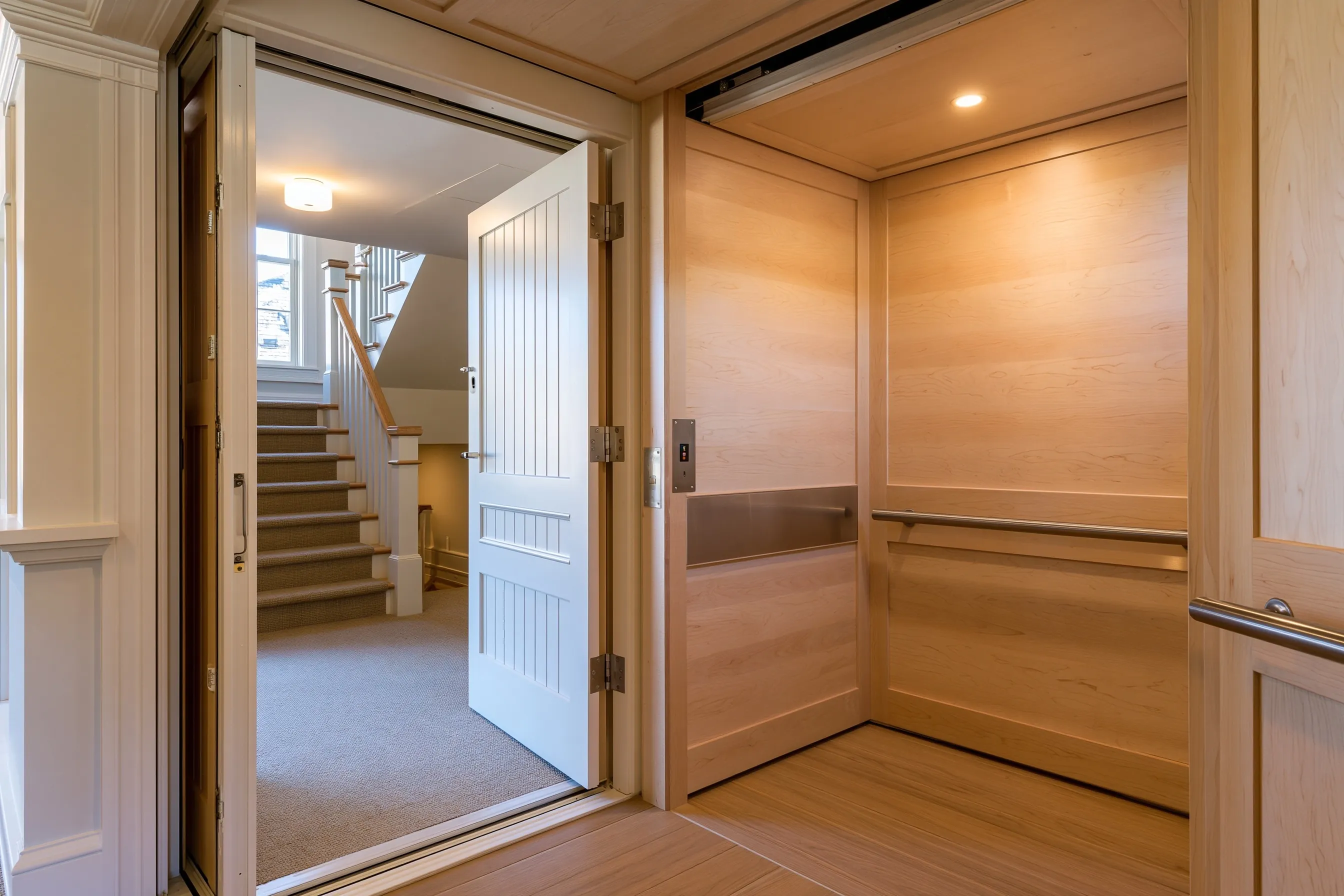 Inside a residential elevator cab with light wood panels and a handrail, door open to a hallway