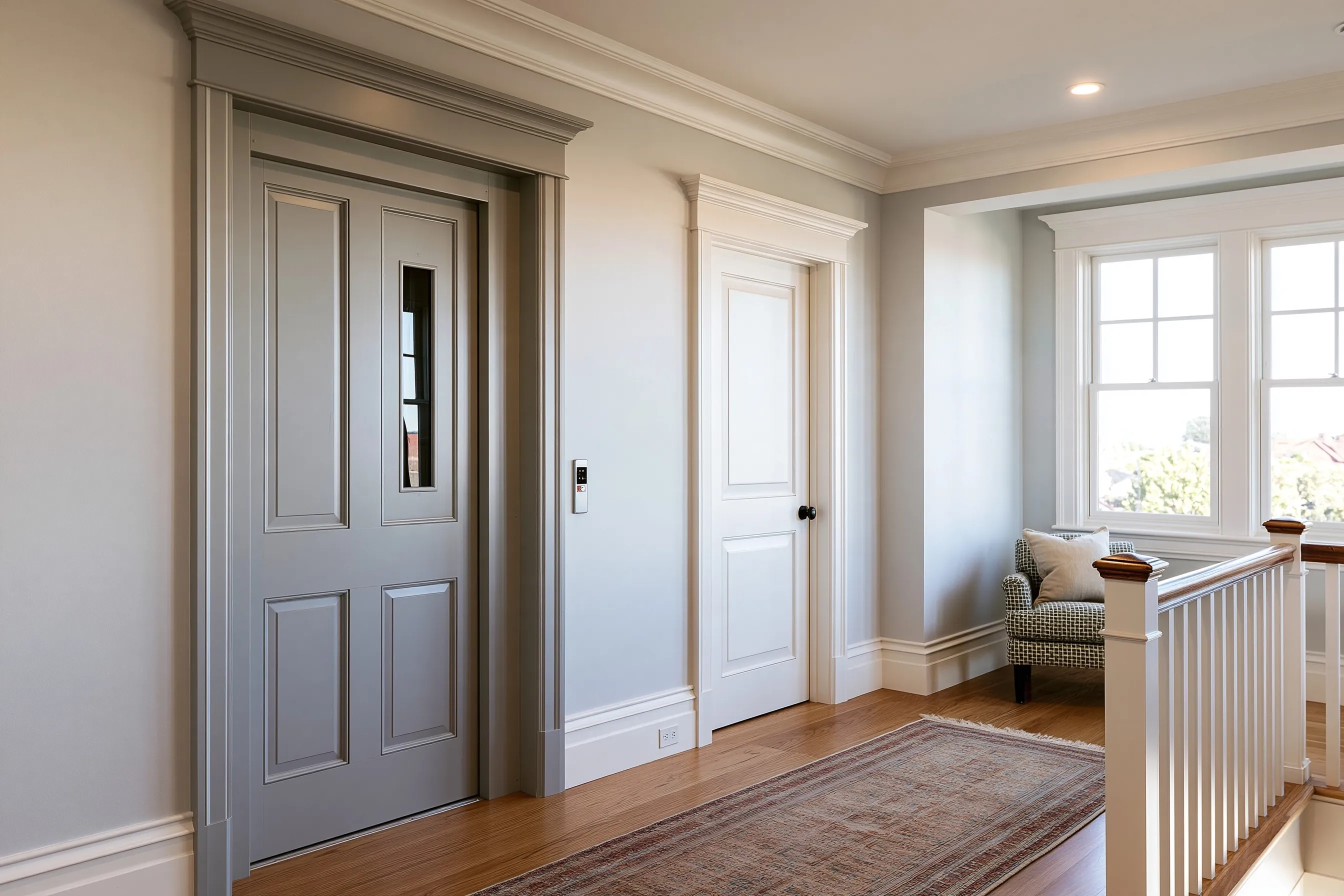 Closed residential elevator at an upstairs hallway landing, with a painted hoistway door, small vision panel and flush call button