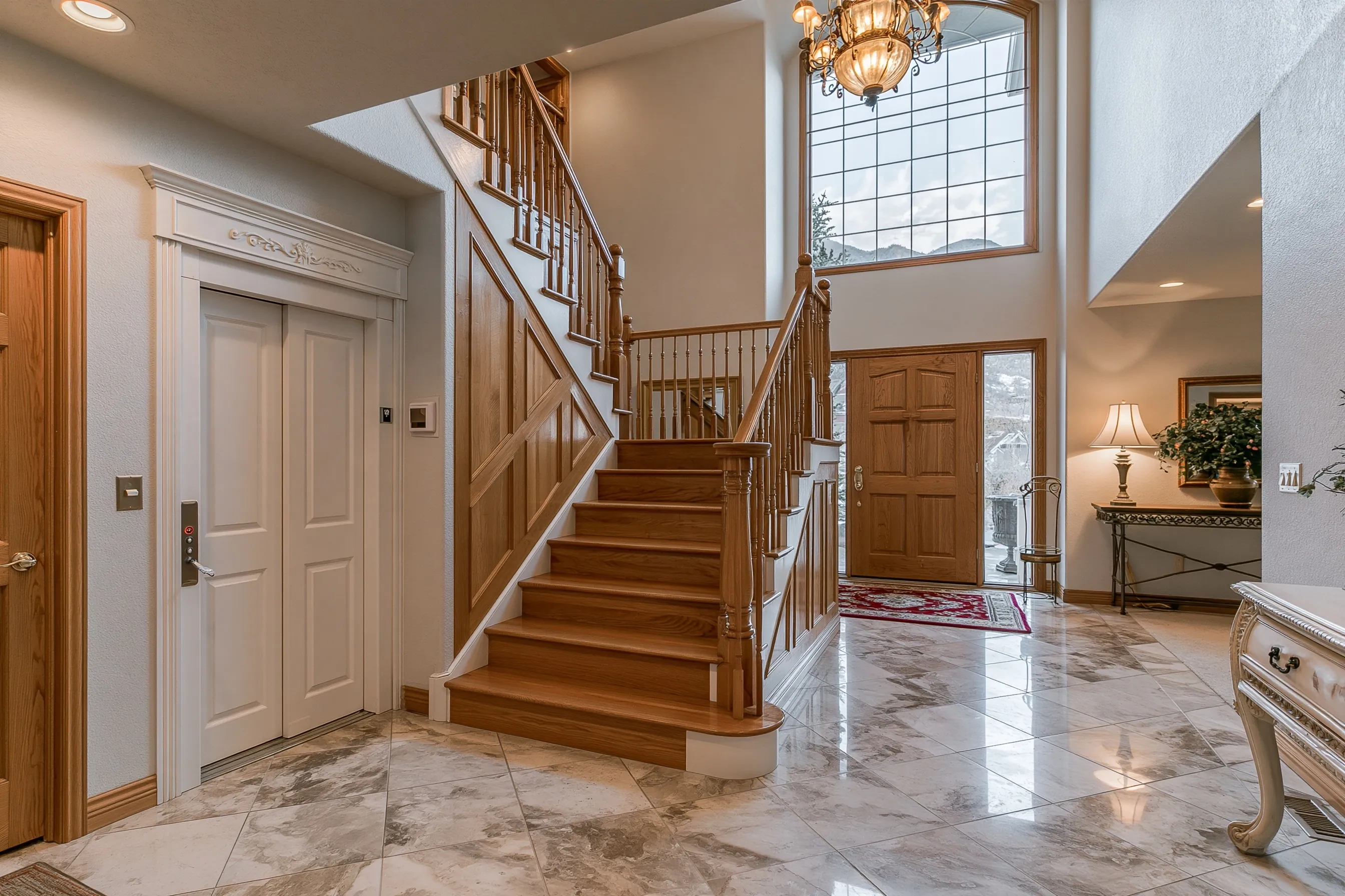 Residential elevator door in the two-story entry hall of a 2000s house, beside the main stair