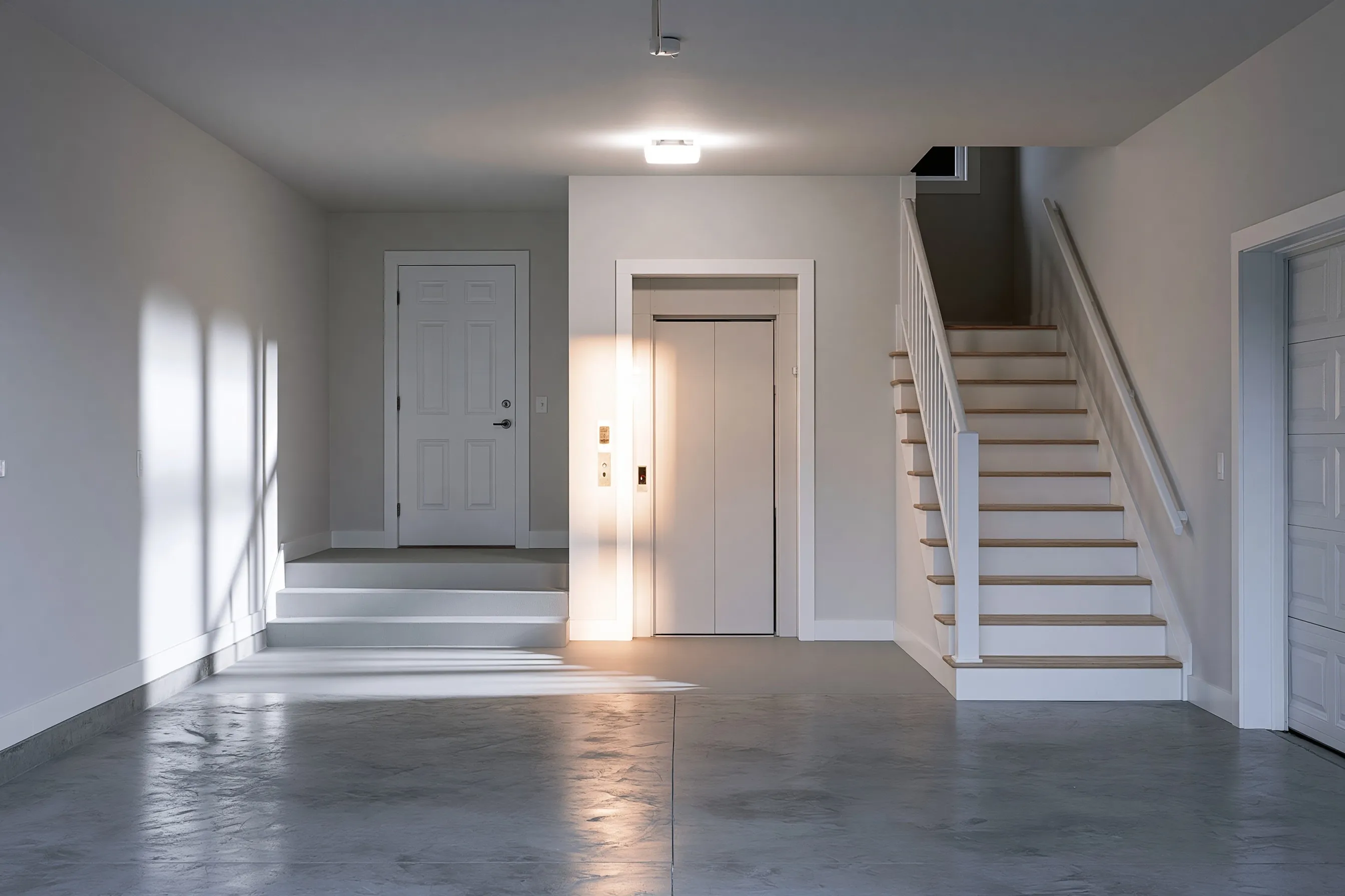 Residential elevator door in a clean attached garage, giving step-free access from the parked car to the living floors