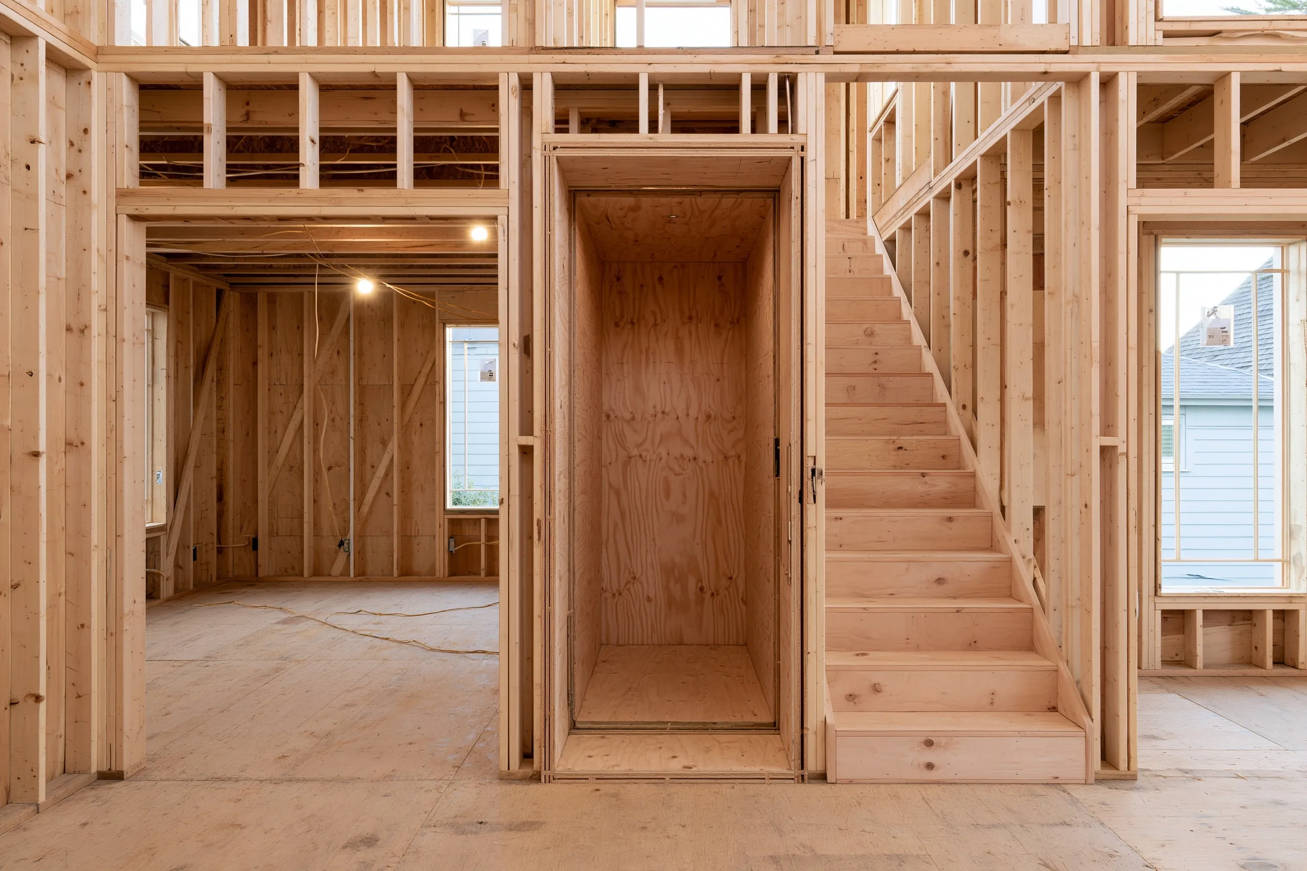 New two-story house under construction with a plywood-lined elevator hoistway framed beside the stair