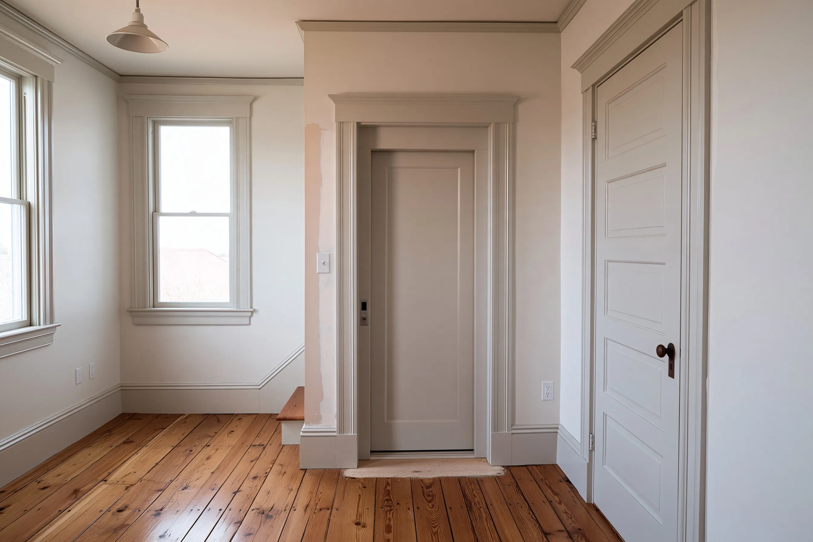 Elevator door with painted casing in a hallway wall, beside a five-panel door, with double-hung windows and a wide plank wood floor