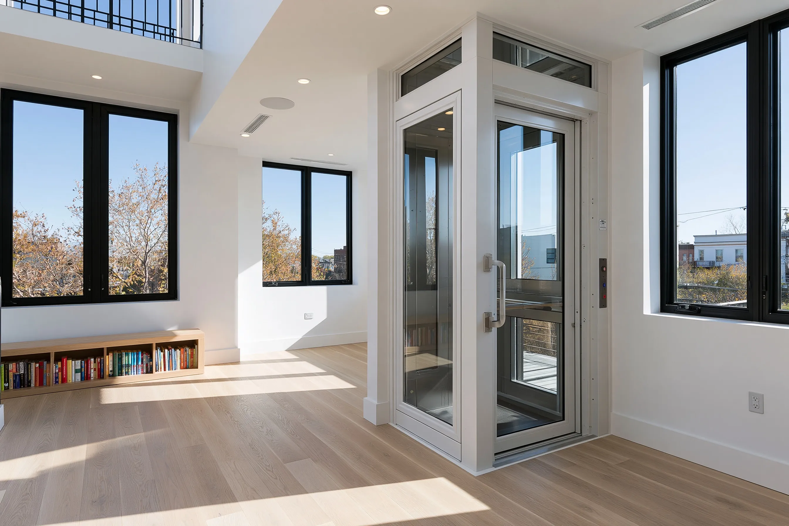Top-floor landing of a three-level house with an elevator opening onto a bonus room
